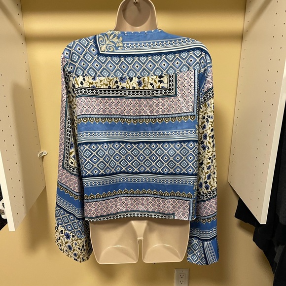 Lulus Moments In Mykonos Blue Scarf Print Tie-front Long Sleeve Top - Size L - Picture 3 of 5